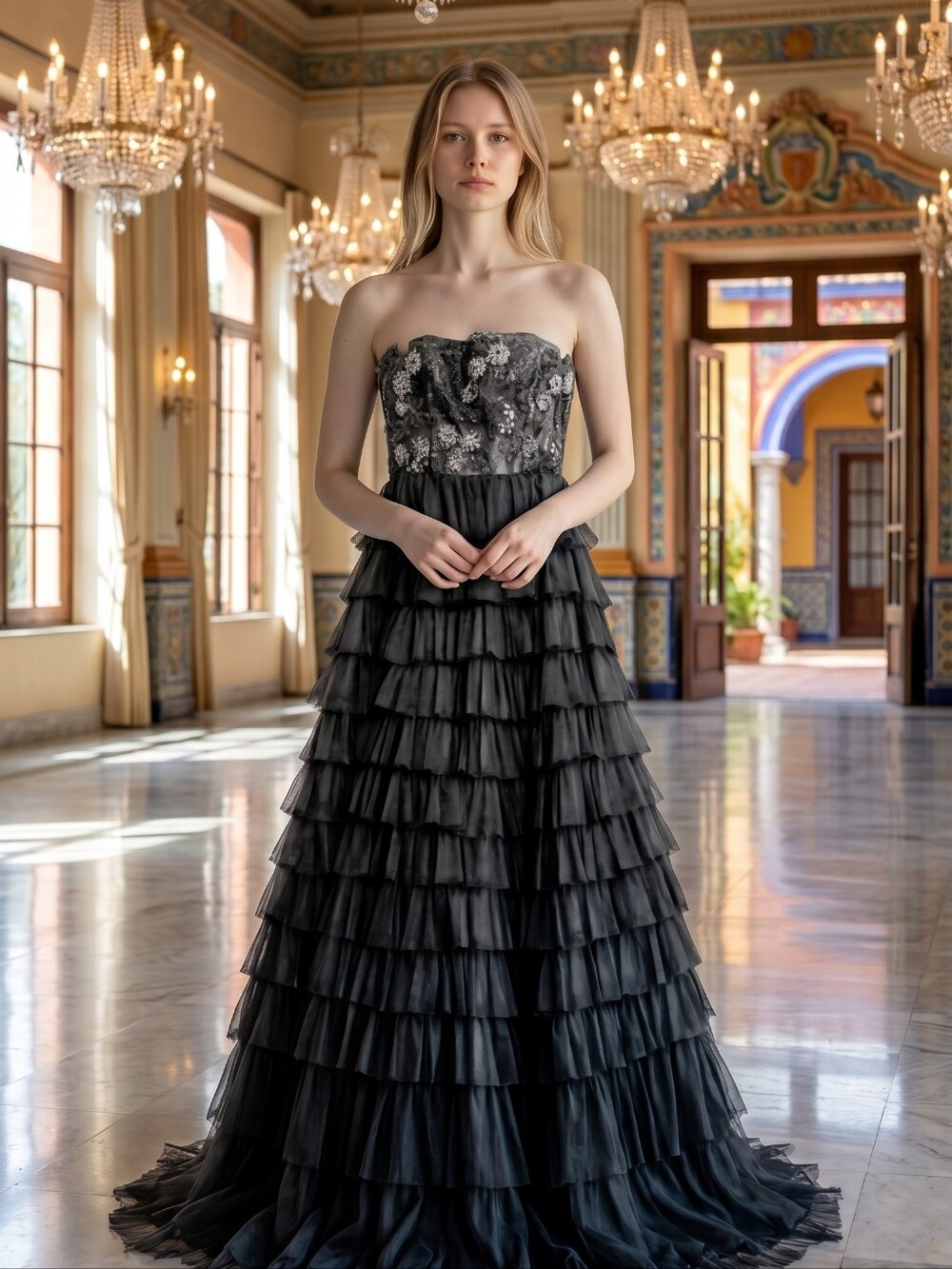 Masquerade Strapless Ballgown w/ Black Lace Bodice & Tiered Ruffle Skirt